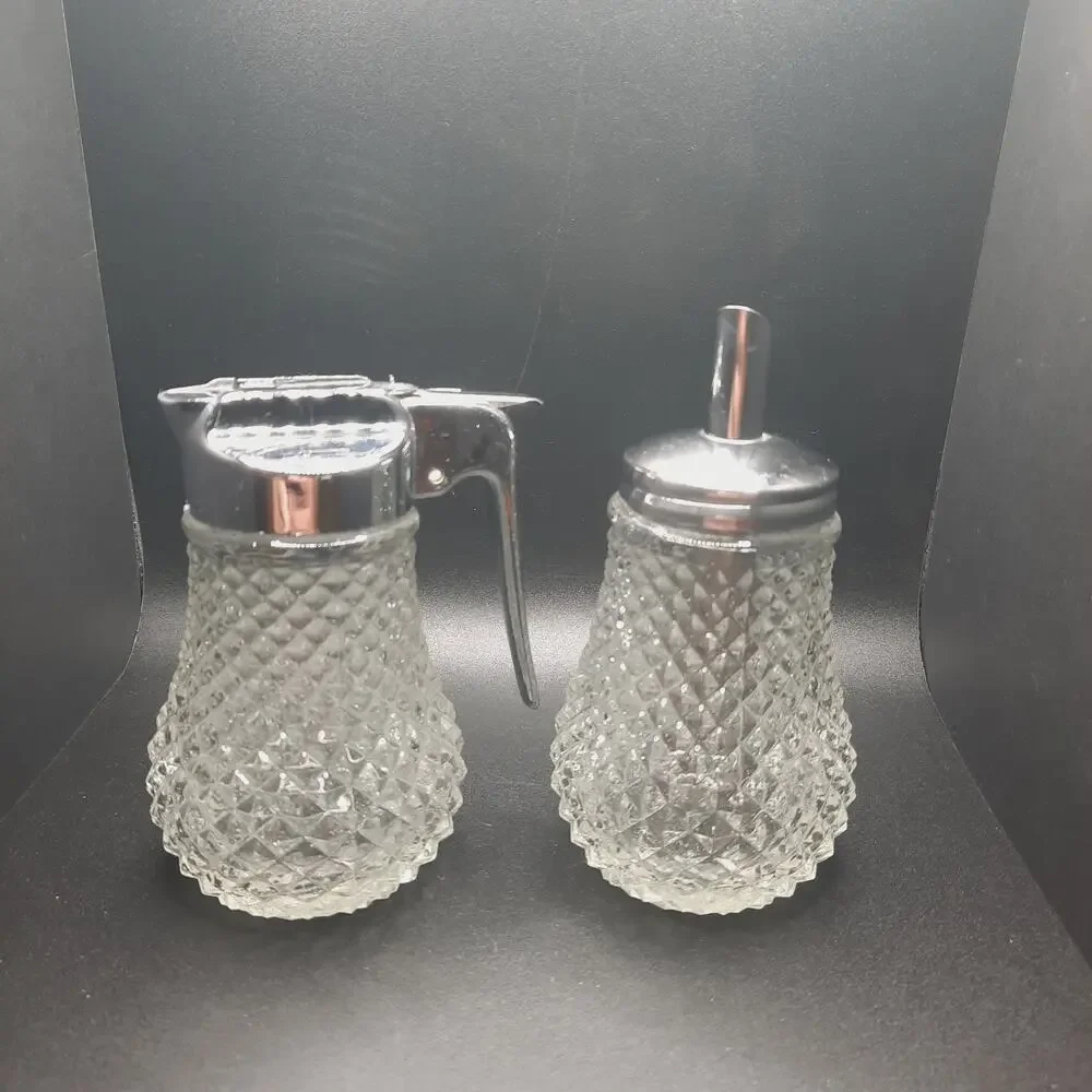 Vintage Cambridge Clear Glass Sugar & Syrup Set Diamond Point Pressed Glass MCM
